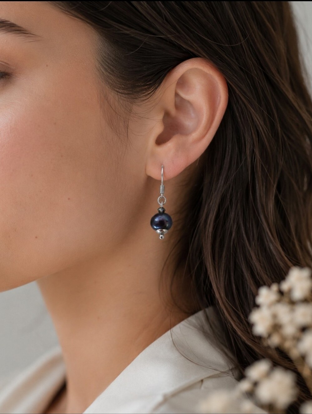 Black Freshwater Pearl & Stainless Steel Earrings.